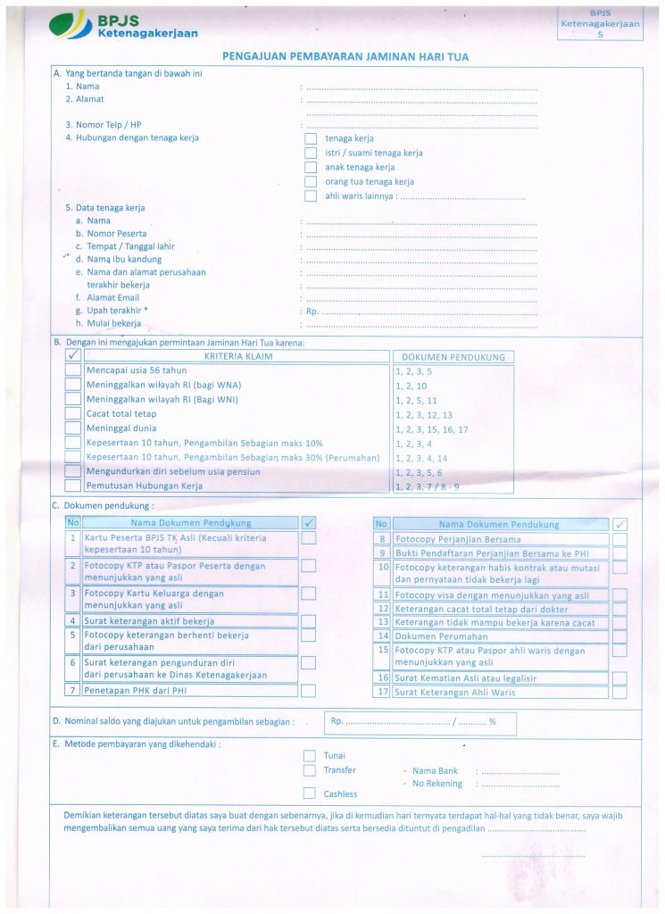 Contoh Form Surat Pengajuan BPJS Ketenagakerjaan Atau Jamsostek Melalui Bank